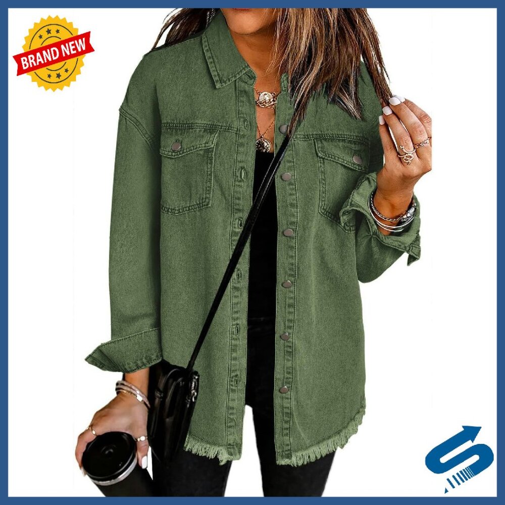 Oversized Denim Shacket With Frayed Hem, Long Sleeve, Pockets